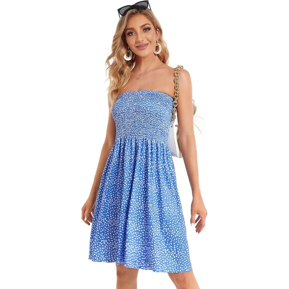 Women Blue Dot Strapless Off Shoulder Cover Ups Casual Beach Sundress - Picture 7 of 7